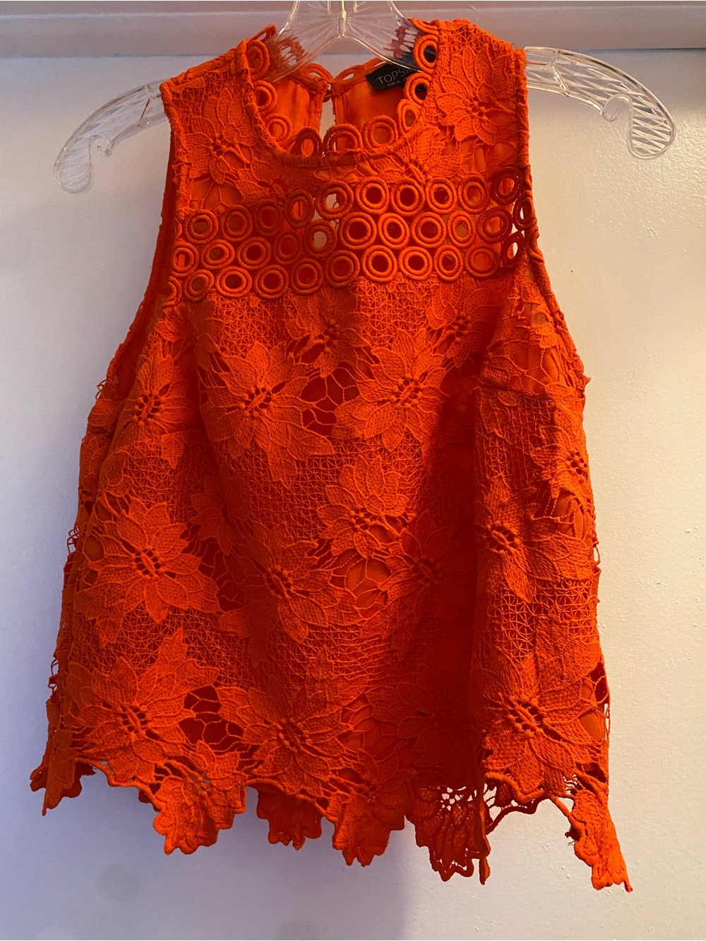 Topshop Orange lace shell top, size 4